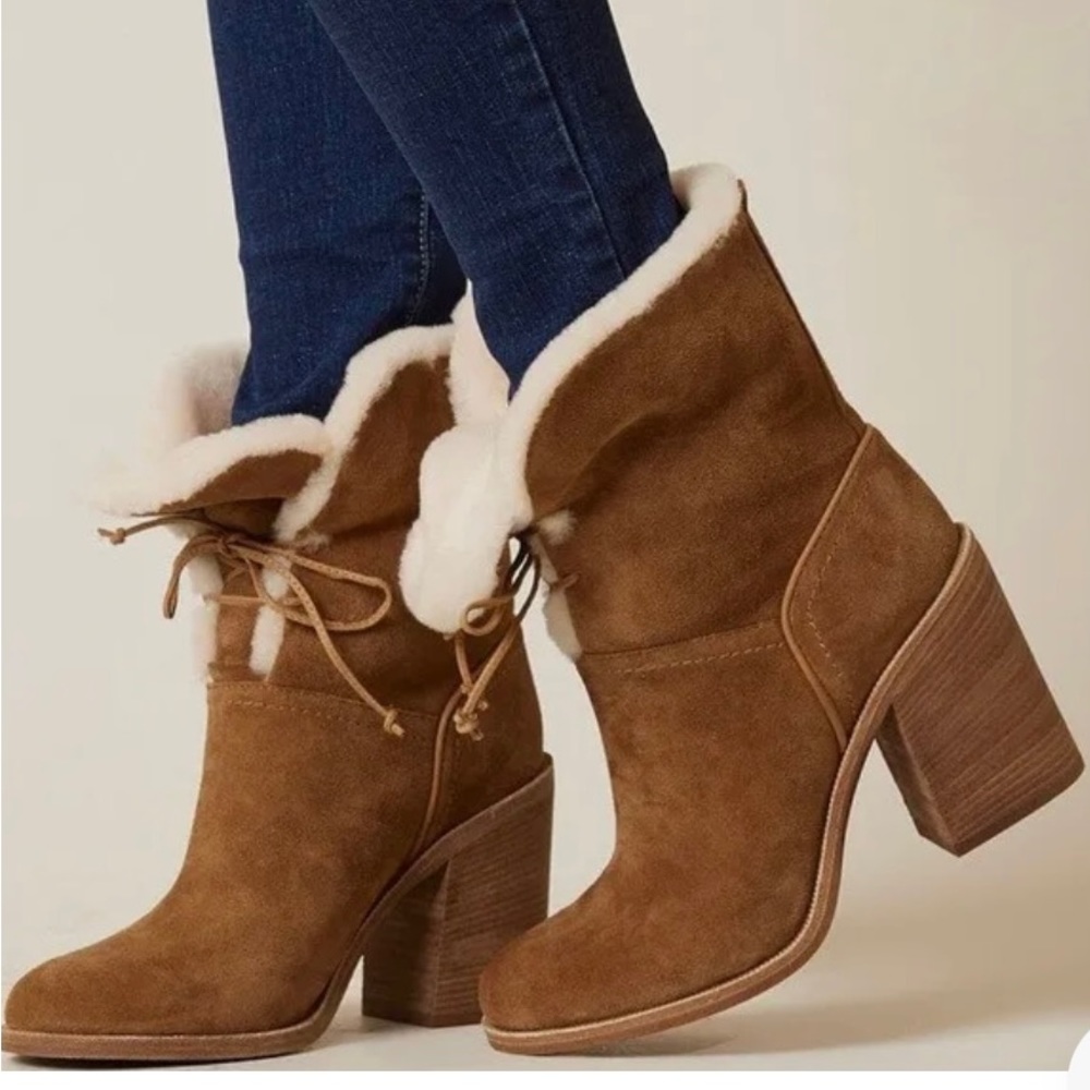 WOMEN'S JERENE SUEDE AND SHEEPSKIN HIGH BLOCK HEEL BOOTIES IN BROWN